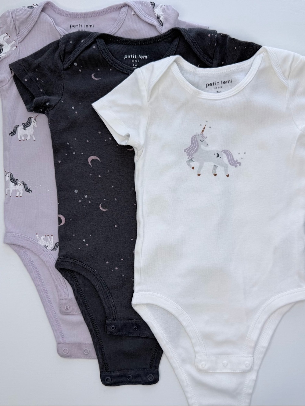 Petit Lem Organic Cotton 3-Pack Baby Bodysuits 9M Unicorn Moon Stars